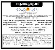 Wanted Marketing Executives in Vayanad - +91-9544194400,  9544184400. 